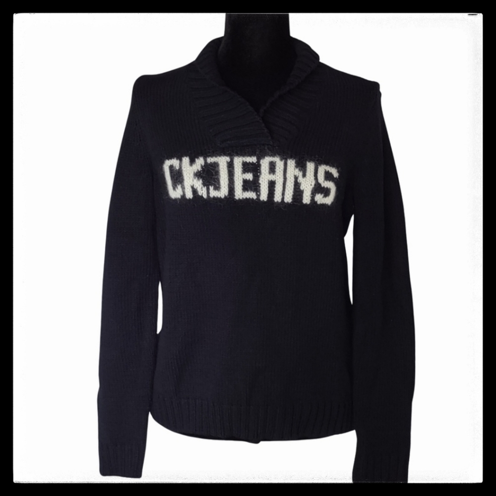 Calvin Klein Jeans Pull Over Logo Sweater Ribbed Shawl Collar Navy Blue Size Med
